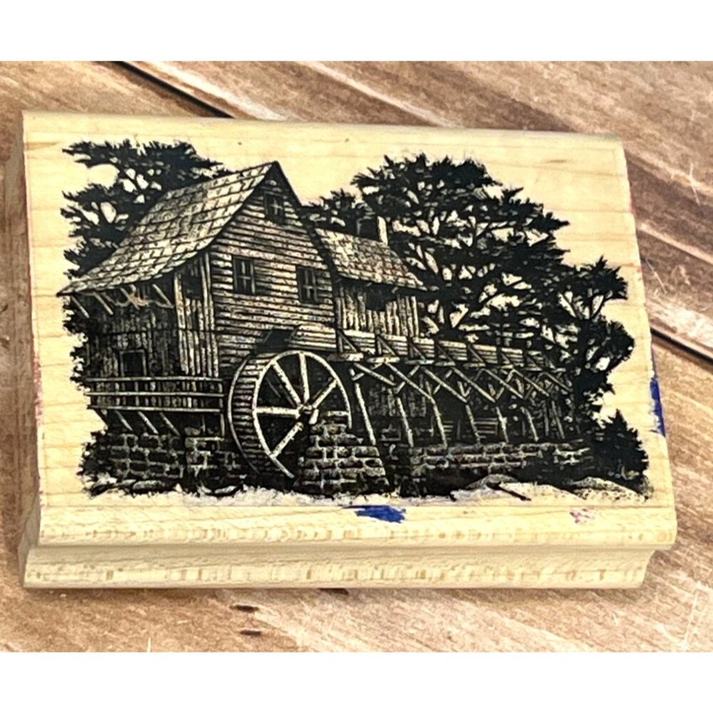 VINTAGE Stampscapes Water Mill 142E Scene Rubber Stamp ON Woodblock
